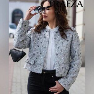 Zara Light Gray Bouclé Tweed Crop Jacket with Embellishments